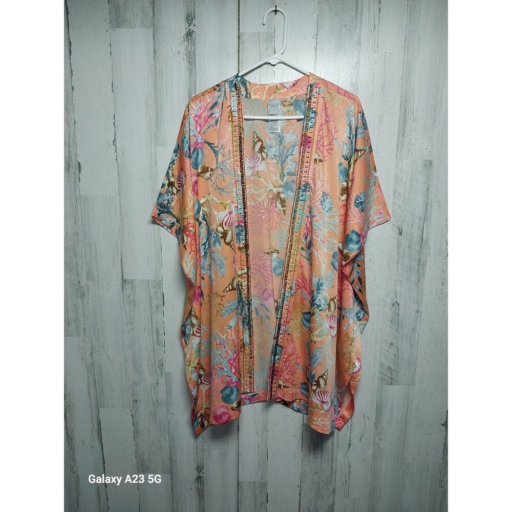 CHICO'S Orange Satin Coral Reef Seashell Print Kimono Top Beaded Trim Sz L/XL